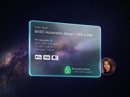 Secured Stripe checkout card breakdown showing 256-bit encryption and SEK 4,999 price point